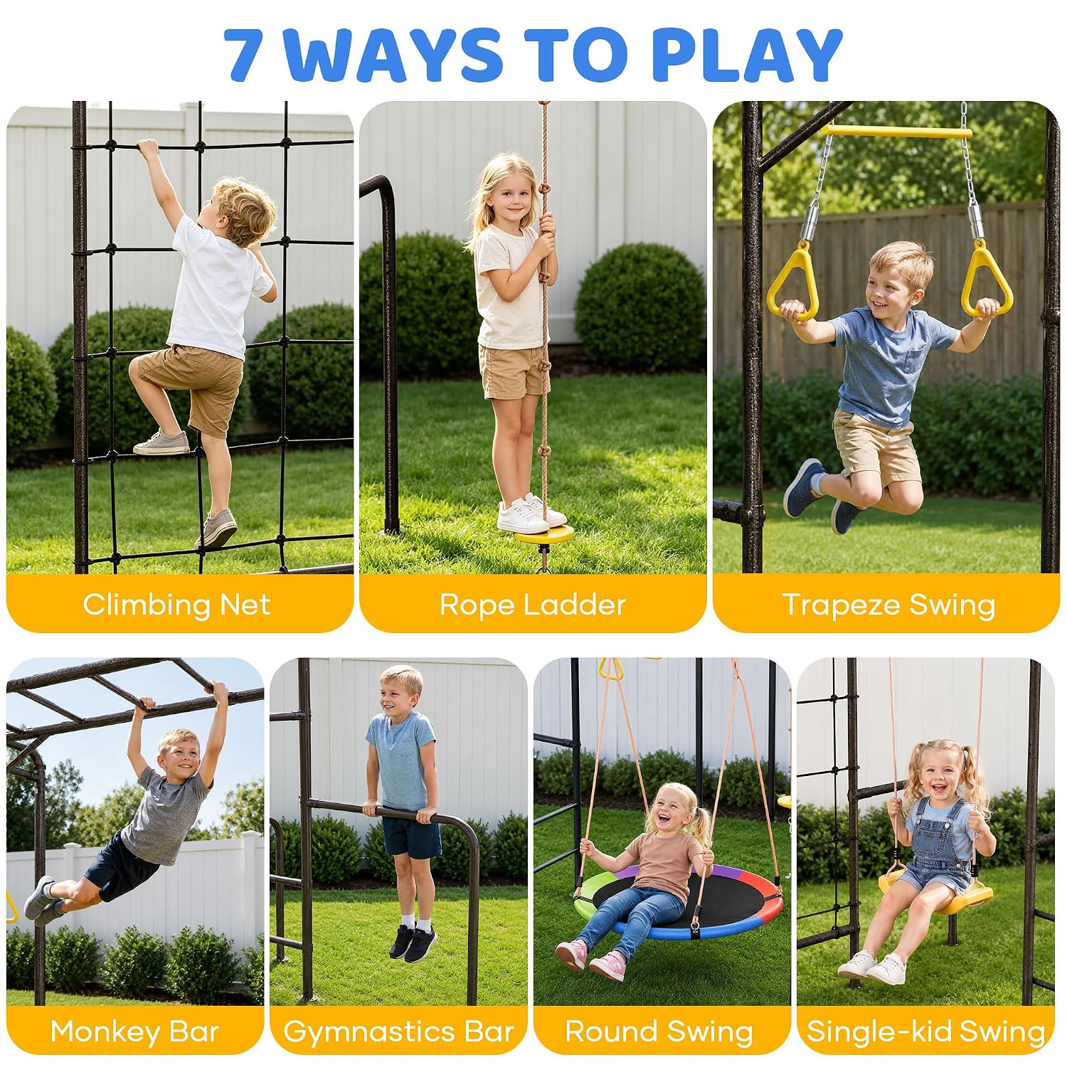 Kids Outdoor Monkey Bars - 7-in-1 Outdoor Jungle Gym Monkey Bar