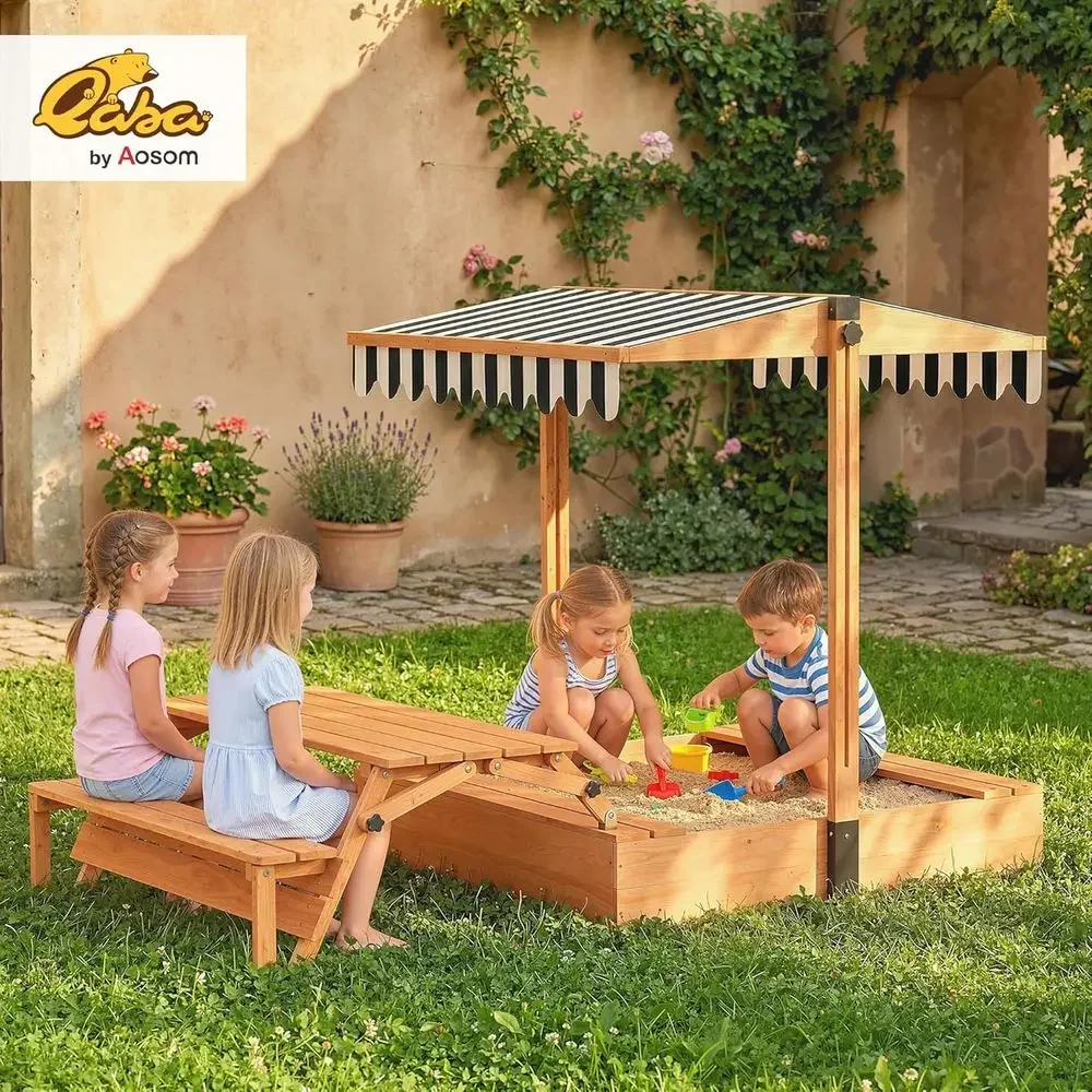 Qaba Kids Sandbox with Lid, Wo - Kids Outdoor Bench Table recension och pris
